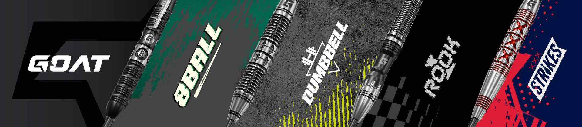 GOAT darts with different designs and text: "8BALL," "DUMBBELL," "ROOK," "STRIKES" in various colors and patterns.