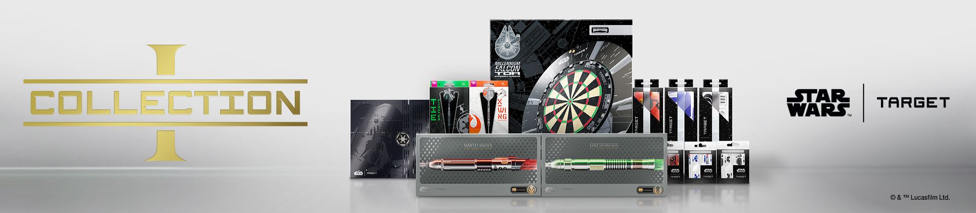 Collection of Star Wars-themed products, including lightsabers and a dartboard, displayed with logos for Star Wars and Target.