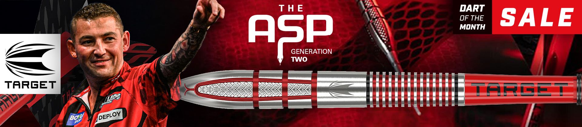 Nathan Aspinall in red shirt with tattoos holds a dart; text reads "The ASP Generation Two," "Dart of the Month Sale," and "Target."