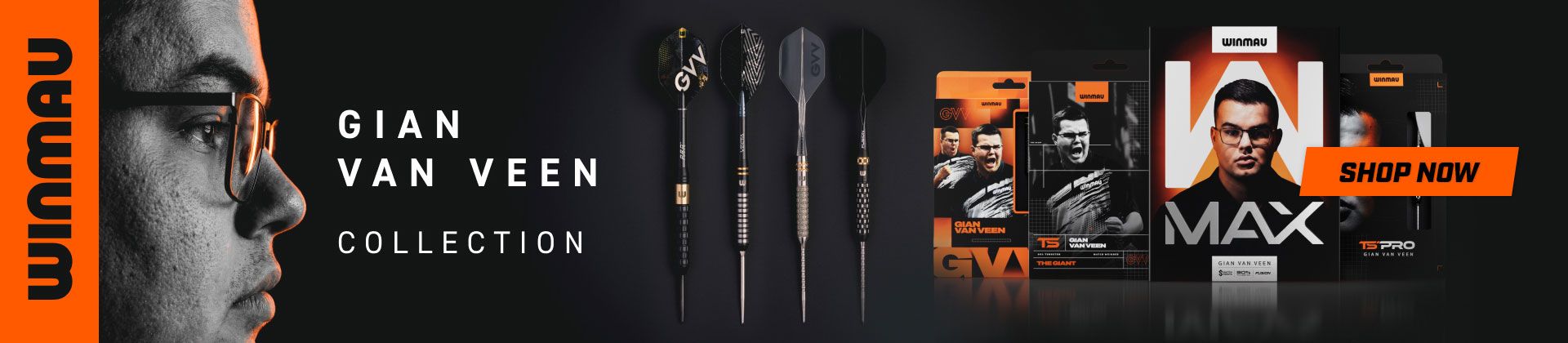 Close-up of a man's face, three darts, and packaging from the Gian Van Veen Winmau collection with an orange "Shop Now" label.