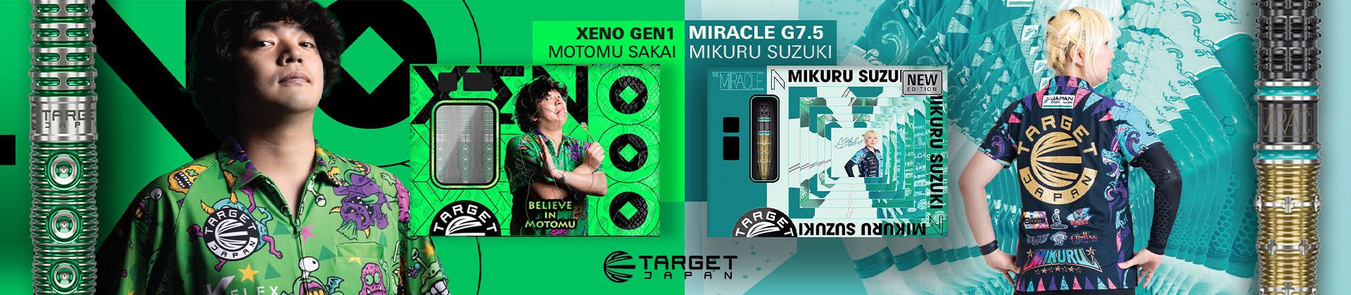 Darts players promoting Target Japan products, showcasing Xeno Gen1 by Motomu Sakai and Miracle G7.5 by Mikuru Suzuki, in colorful shirts.