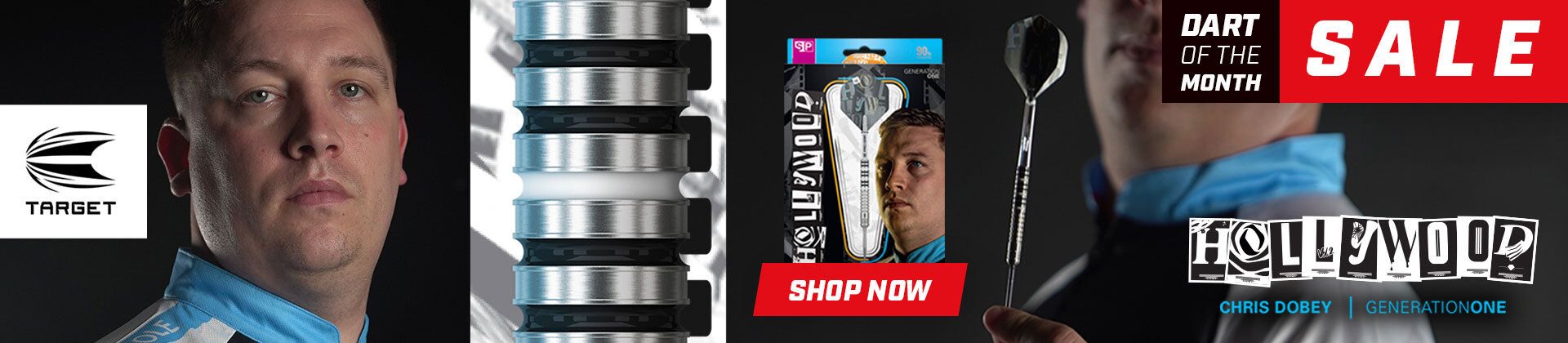 Advertisement for "Hollywood" darts by Target, featuring Chris Dobey holding a dart. Text includes "Dart of the Month" and "Sale."