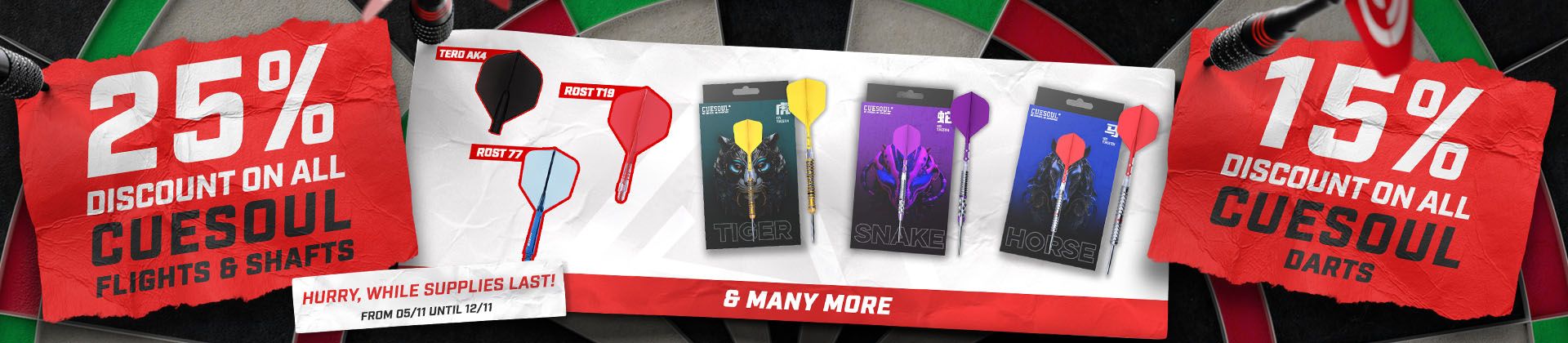 Dartboard background with a 25% discount on Cuesoul flights and shafts, 15% on darts, and images of dart products.