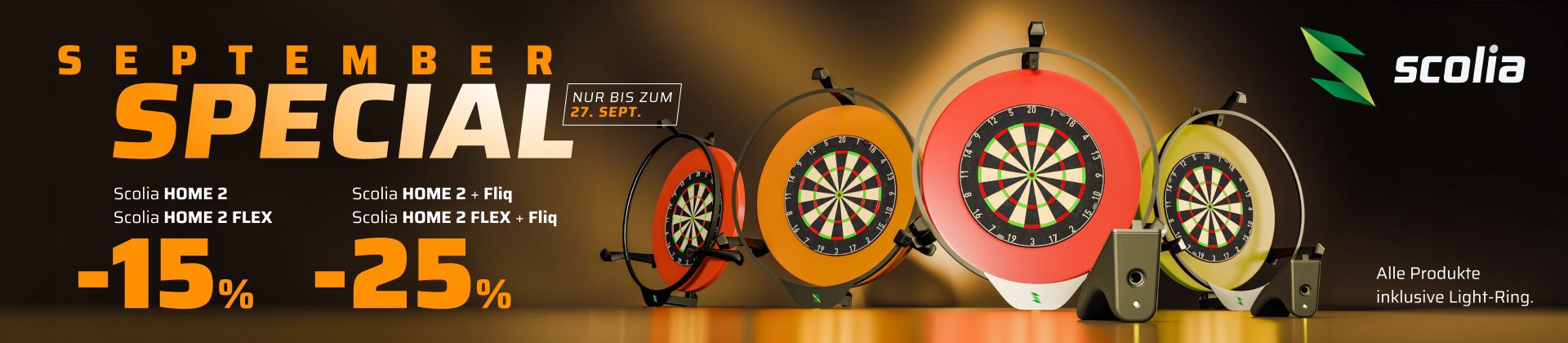 Promotional banner for a September special on Scolia electronic dartboard sets, featuring discounts of 15% to 25% valid until September 27.