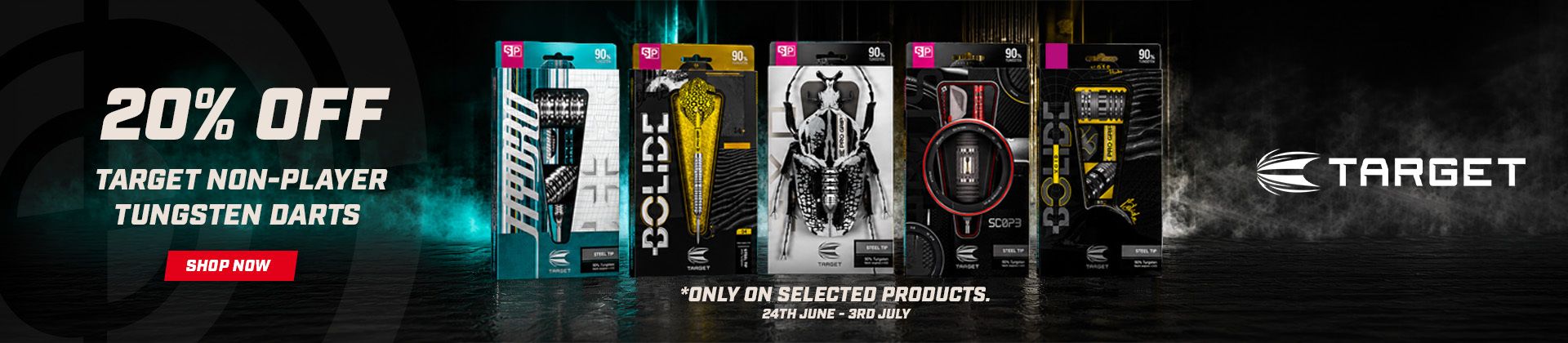 Discount banner for Target tungsten darts, offering 20% off selected items from June 24th to July 3rd, with a "Shop Now" button.