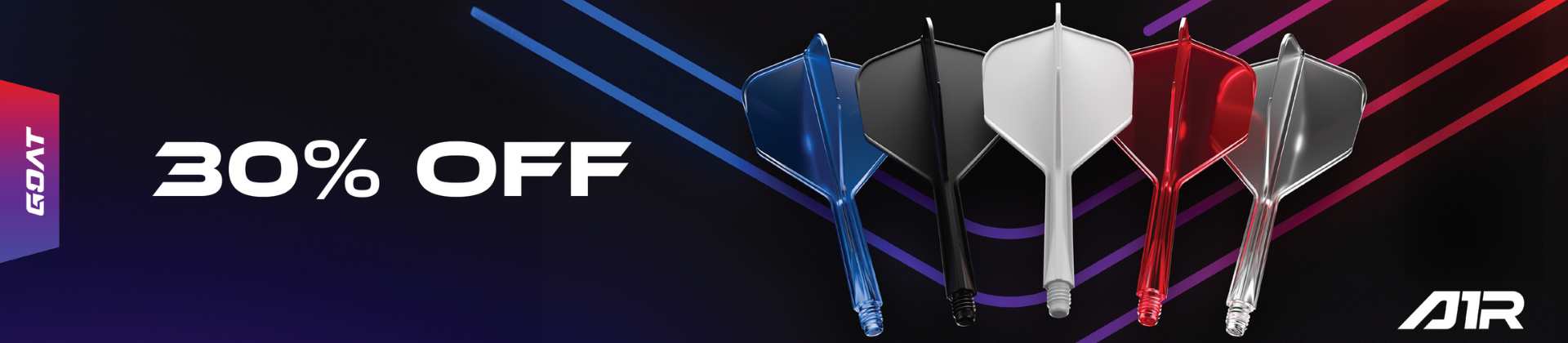 Five colorful dart flights on a dark background with "30% OFF" text and "GOAT AIR" logos.