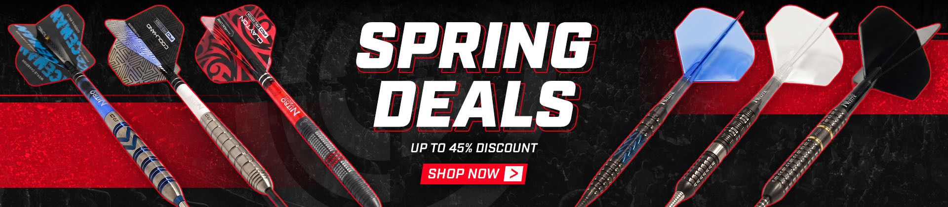 Darts collection with vibrant flights displayed. Bold text reads "Spring Deals", offering up to 45% discount. "Shop Now" button included.