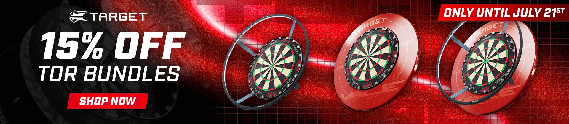 Ad for Target Tor Bundles with 15% off. Features three dartboards on a red grid background. Offer ends July 21st. "Shop Now" button included.