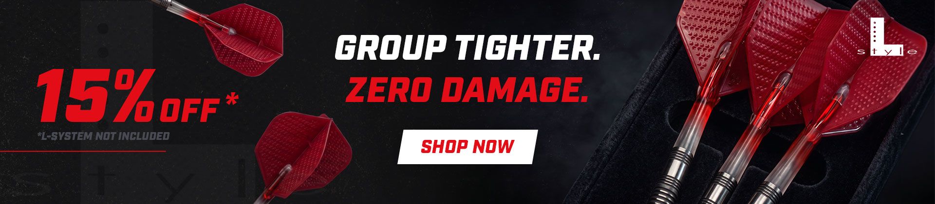 Close-up of red darts with text offering 15% off, highlighting "Group Tighter, Zero Damage," and a "Shop Now" call-to-action.