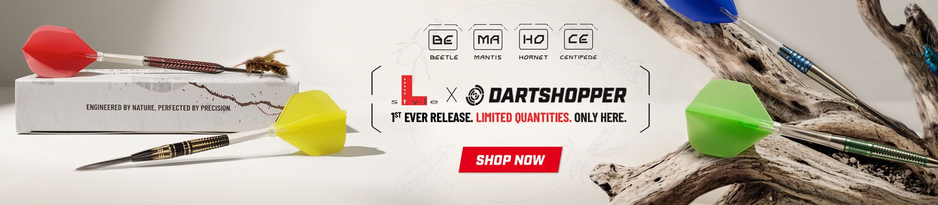 Colorful darts arranged with nature-inspired packaging and branding for a limited release by Dartshopper. Shop now button featured.