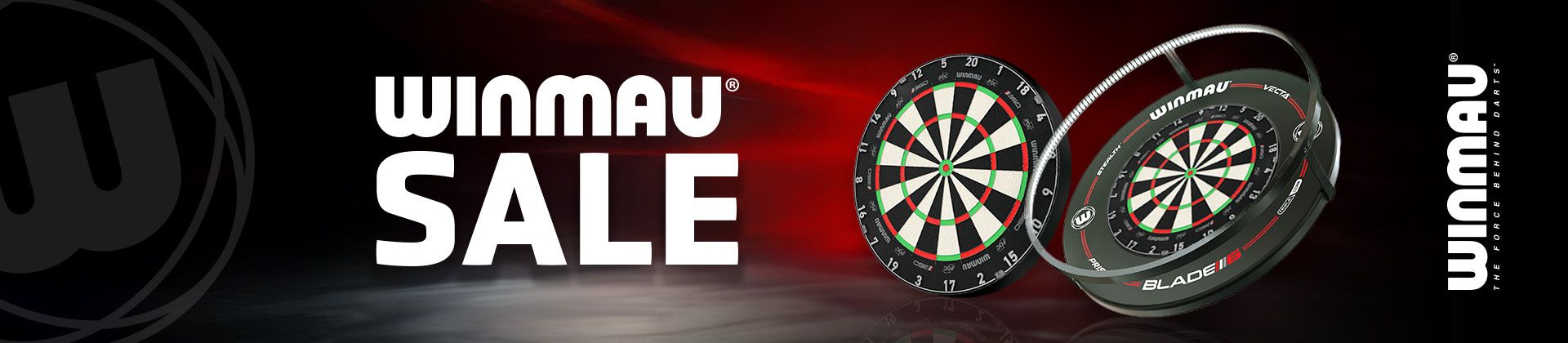 Winmau Blade 360 dartboards on a red and black background, with the text "Winmau Sale" in white on the left.