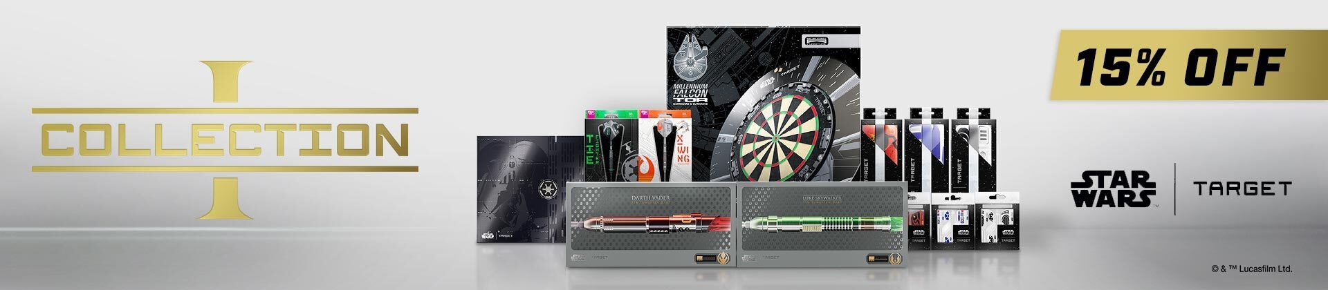 Star Wars merchandise collection at Target featuring dartboards and pens, with a 15% off promotion.
