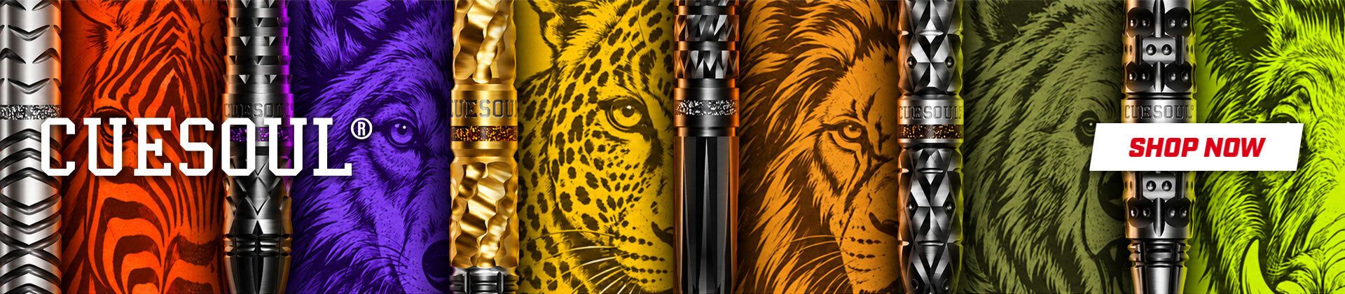 Five dart barrels are featured with colorful animal designs: zebra, wolf, leopard, lion, and eagle. "CUESOUL" and "SHOP NOW" text included.