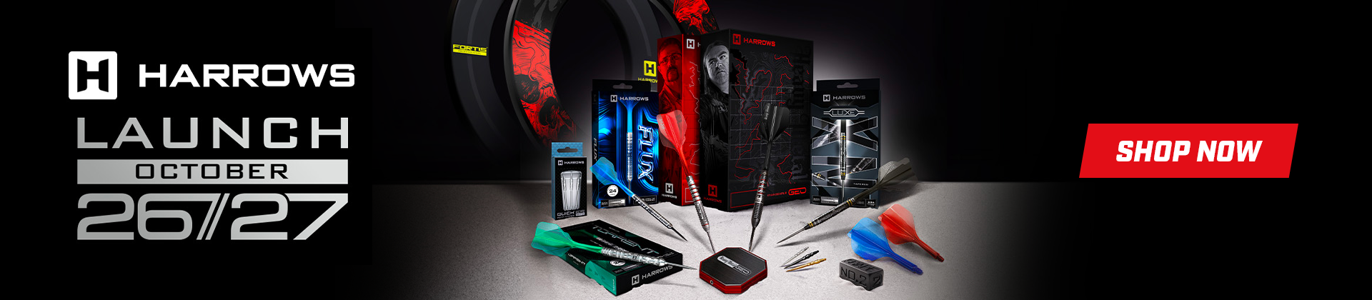 Harrows dart products and accessories displayed for launch on October 26/27. Shop now text on a red button.