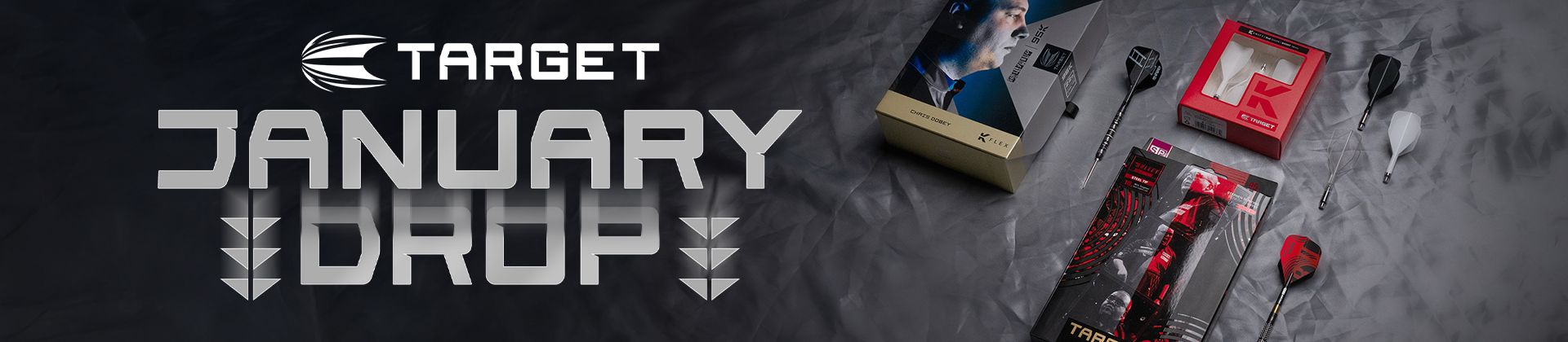 Target's January drop showing dart sets including Chris Dobey 95K, Stephen Bunting & Target K-Shift flights.