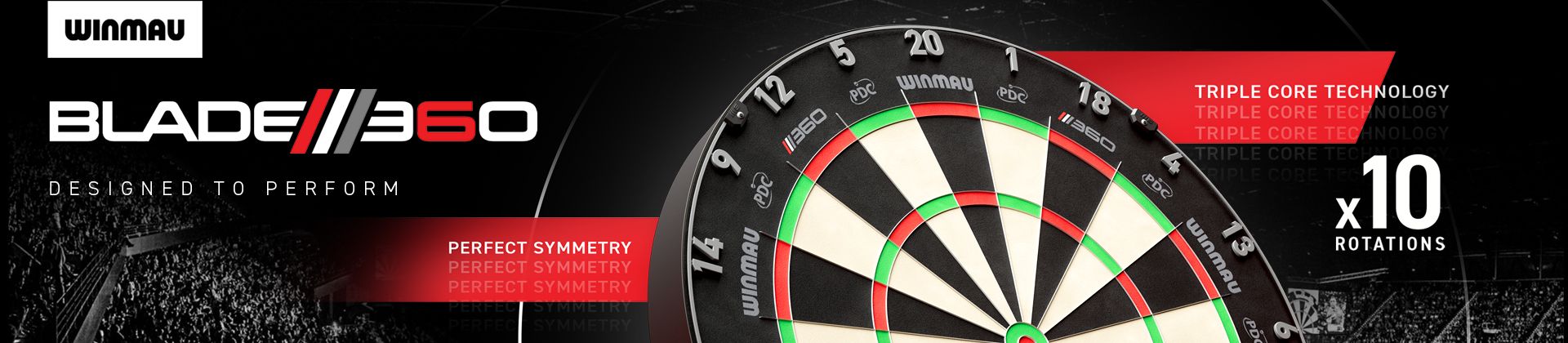 Close-up of a Winmau Blade 360 dartboard, featuring triple core technology and perfect symmetry, with "Designed to Perform" text.