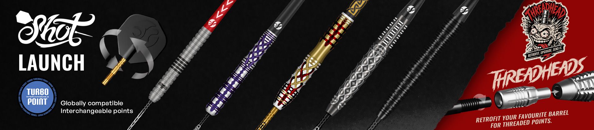 Colorful, intricately designed dart barrels with interchangeable points and branding for Shot's Threadheads launch.