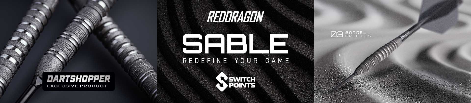 Dart with a textured grip design, featured as a Dartshopper exclusive. Includes branding from Red Dragon and promotion of "Sable" darts.