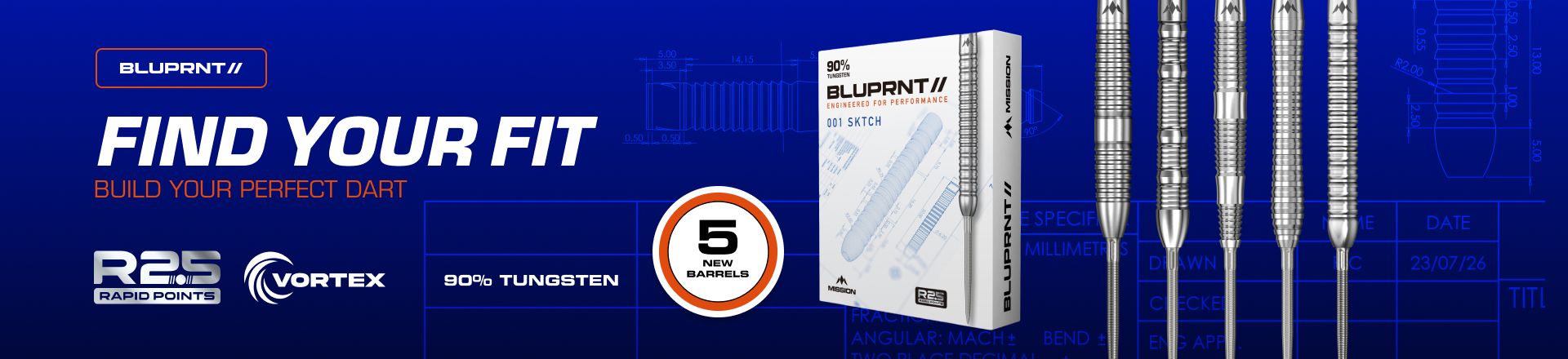 Advertisement for Bluprint darts featuring five new 90% tungsten barrels, a dart box, and blueprint graphics. Text reads "Find Your Fit."