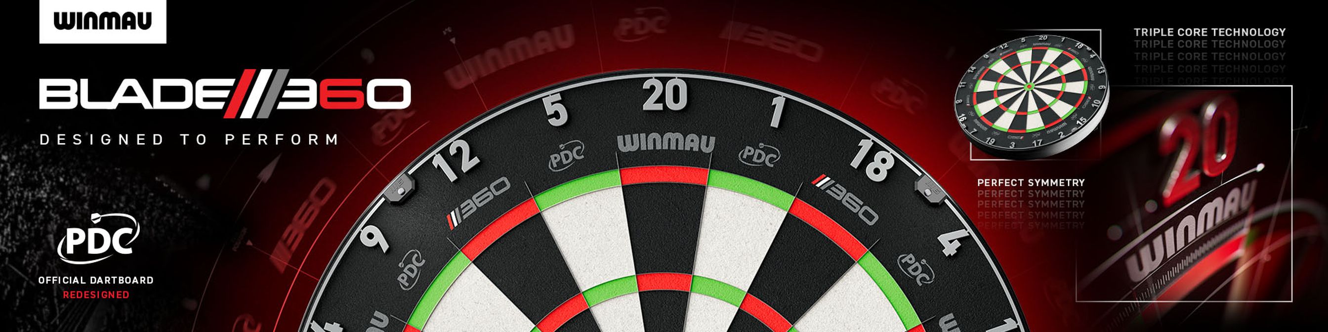 Dartboard with Winmau Blade 360 branding and PDC logo, featuring triple core technology and perfect symmetry design on a dark background.