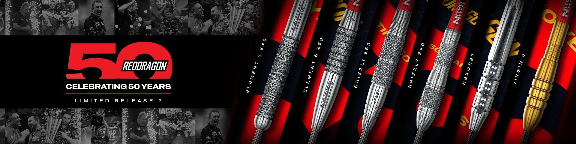 Banner celebrating Red Dragon's 50th anniversary with a lineup of darts and a black-and-white crowd background.