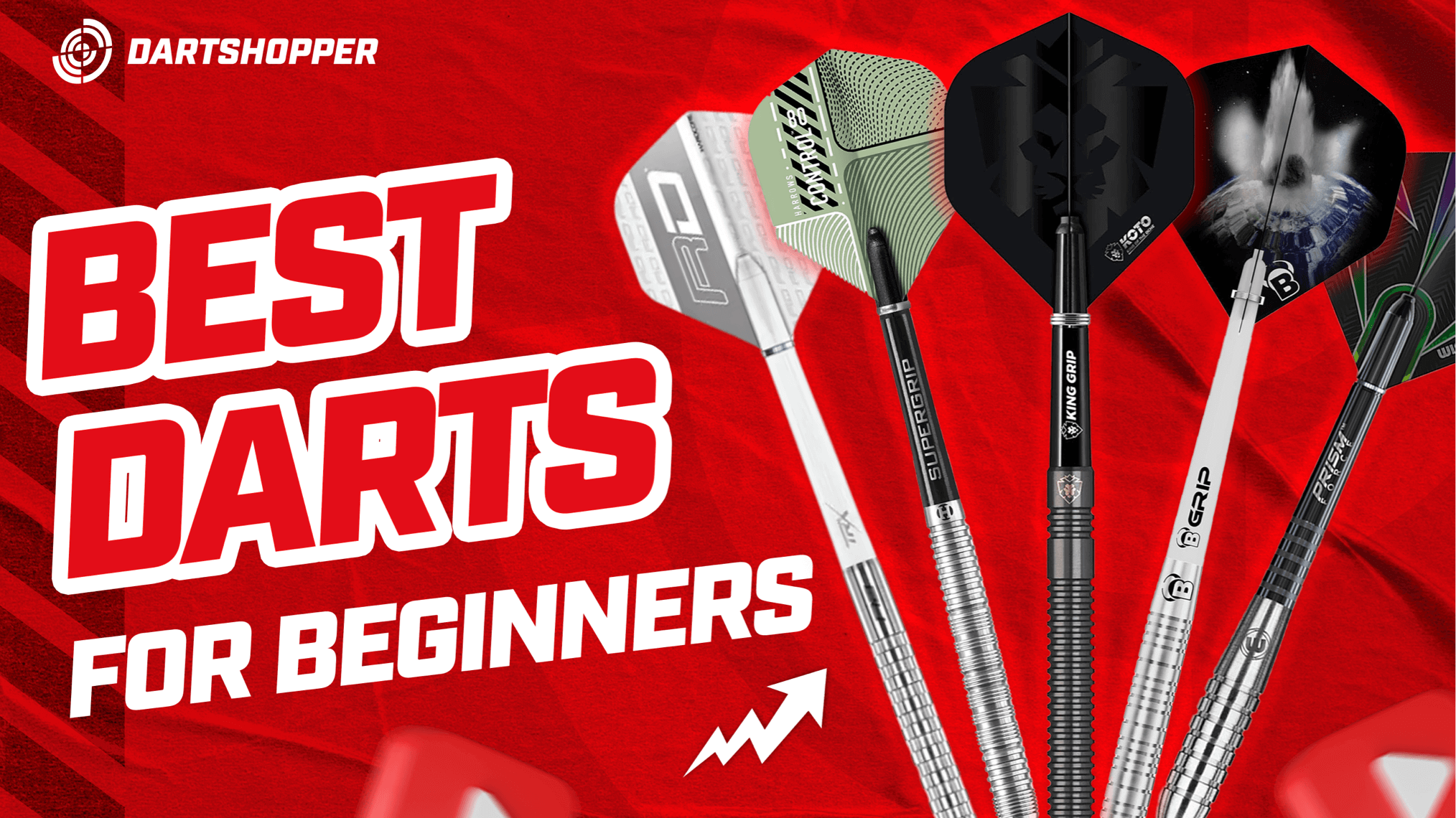 Five darts with unique designs displayed against a red background with the text "Best Darts for Beginners" and the Dartshopper logo.