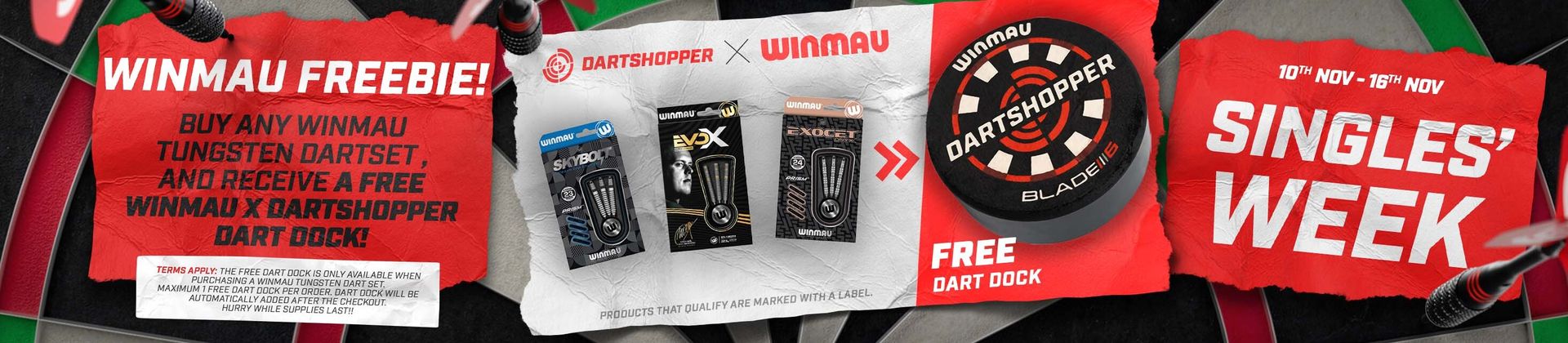 Promotional banner for Winmau Singles' Week, offering a free Dart Dock with the purchase of tungsten dart sets from November 10th to 16th.