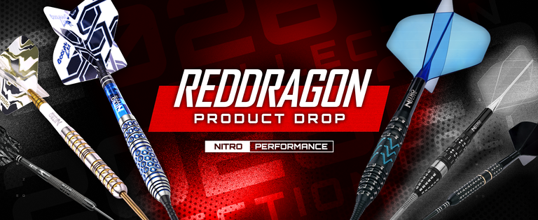 Red Dragon product drop banner with six colorful Nitro performance darts fanned around a bold red logo