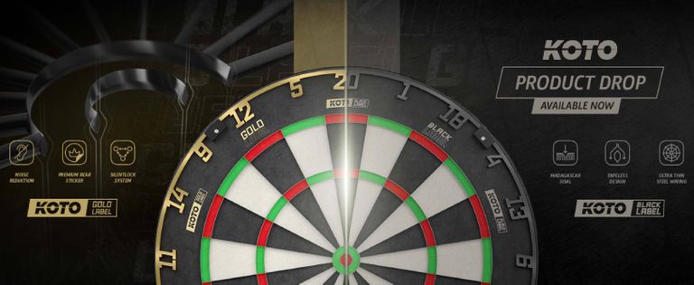 Two KOTO Dartboards ,  KOTO gold label and KOTO black label, KOTO branding, and icons for features like noise reduction and premium sisal. Product drop announced.