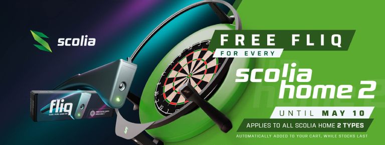 Promo banner for Scolia Home 2 offering a free Fliq device until May 10, featuring a dartboard and camera system on a green background.