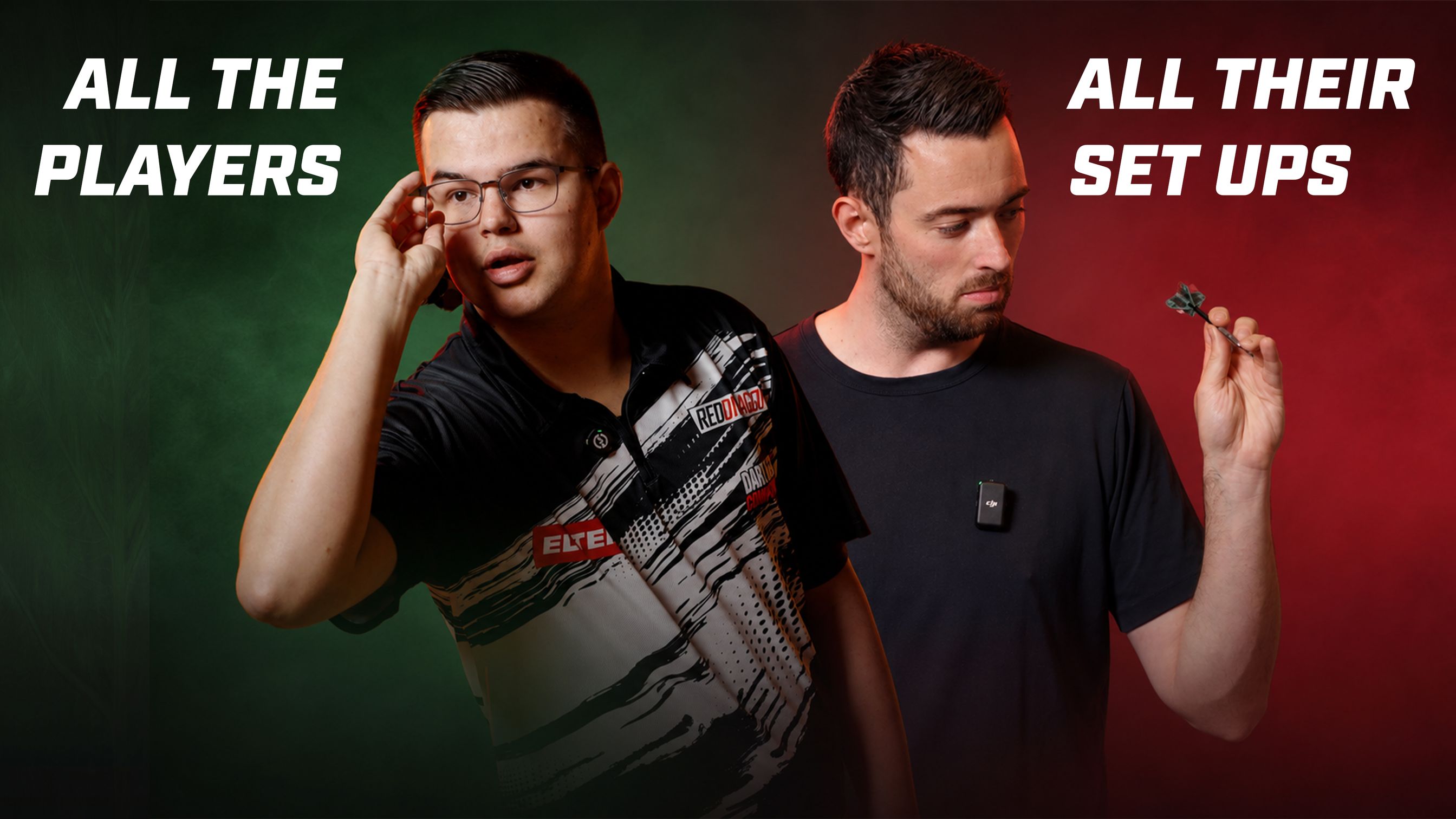 Gian van Veen and Luke Humphries stand against a split green and red background. "All the Players" and "All Their Set Ups" phrases appear. One holds a dart.