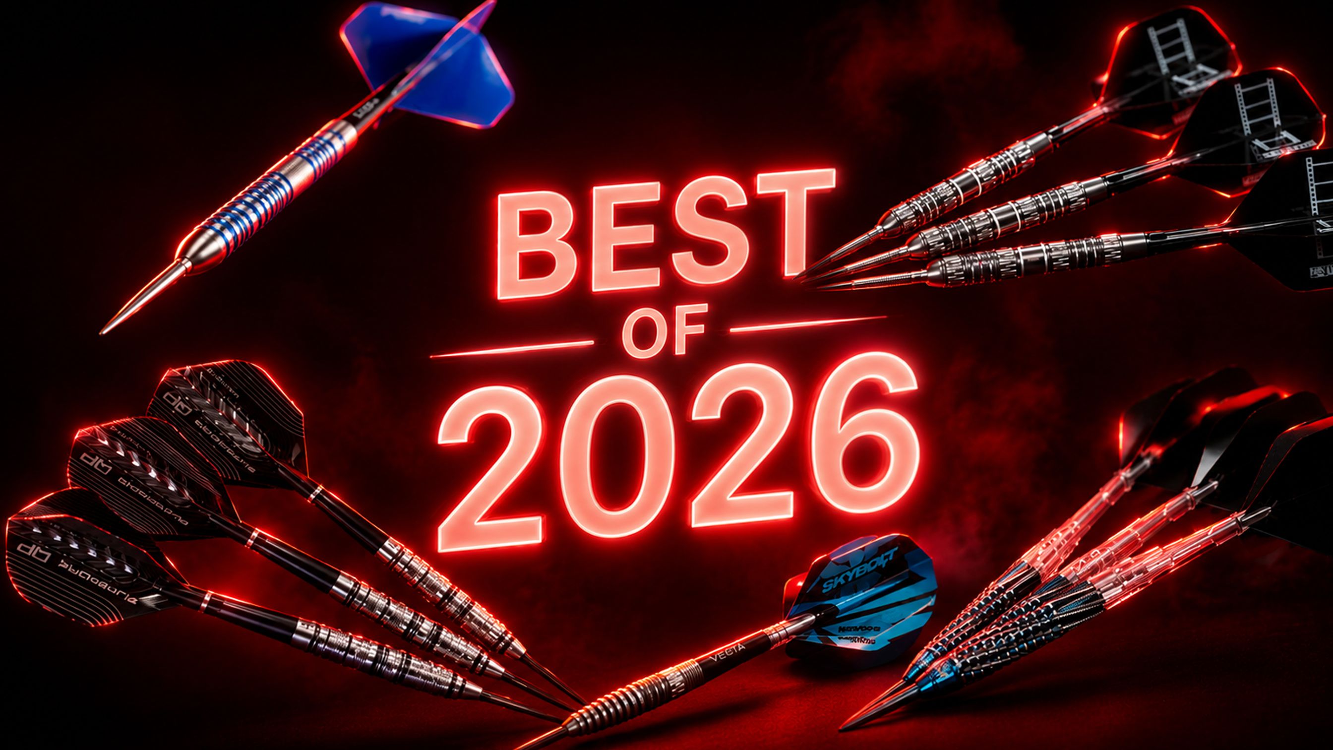 Illuminated text "Best of 2026" surrounded by various colorful darts on a dark, smoky background.