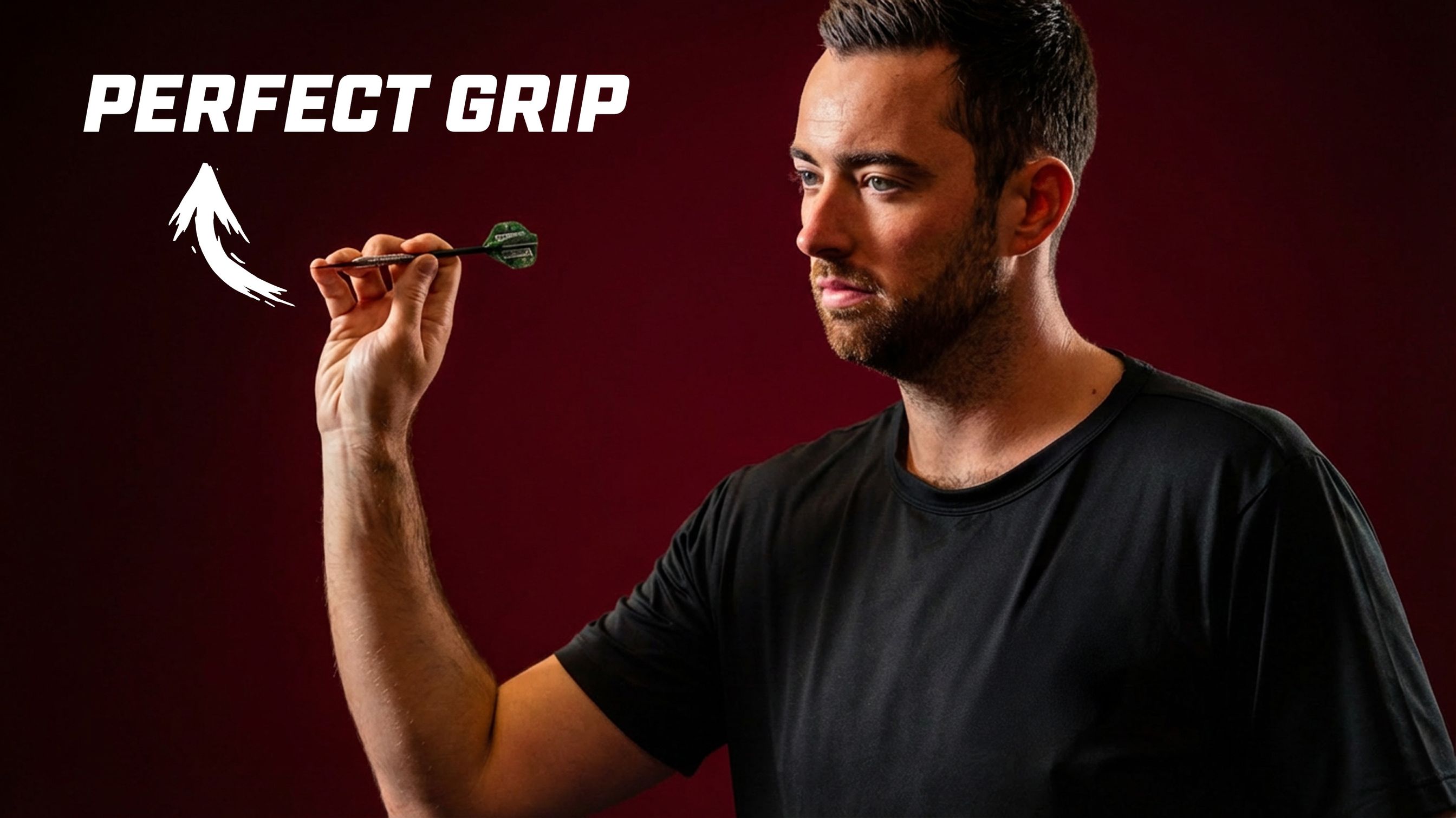 Man in a black shirt poised to throw a dart, with text "PERFECT GRIP" and a graphic arrow on a dark red background.