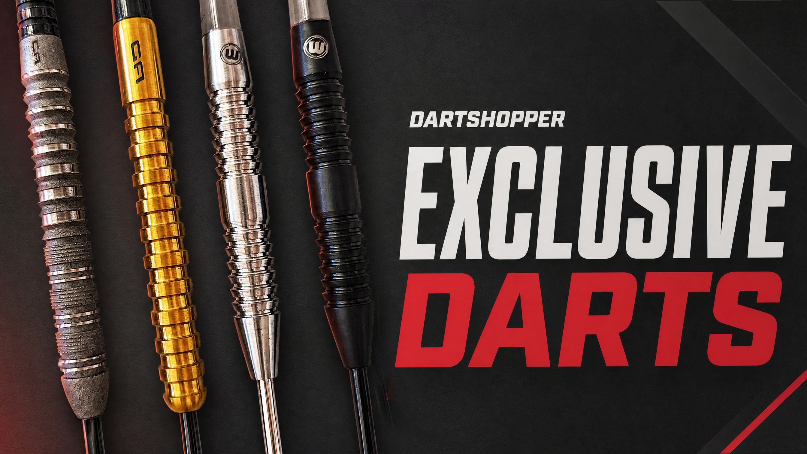 Four dart barrels with different textures and colors next to the text "Dartshopper Exclusive Darts" in bold white and red lettering.