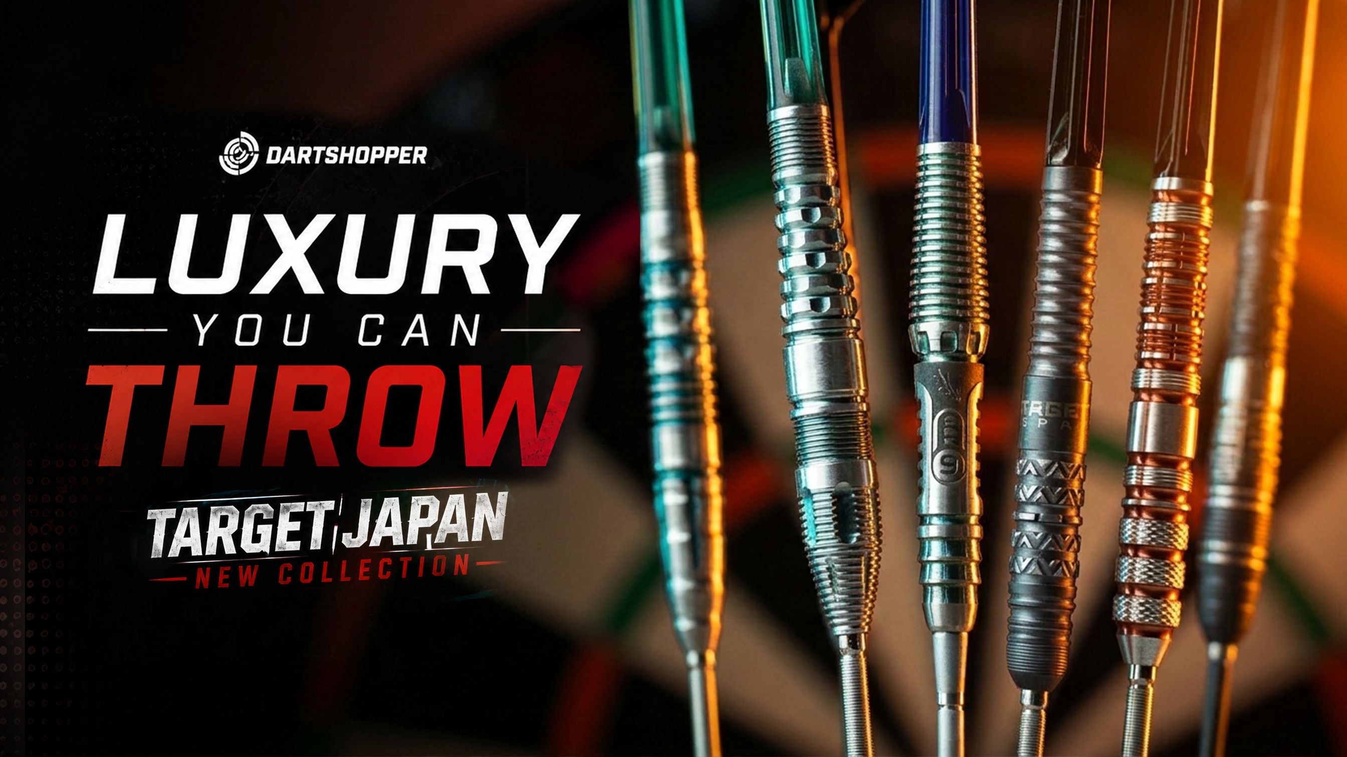 Close-up of five intricately designed darts with metallic textures, accompanied by text promoting a luxury dart collection from Target Japan.