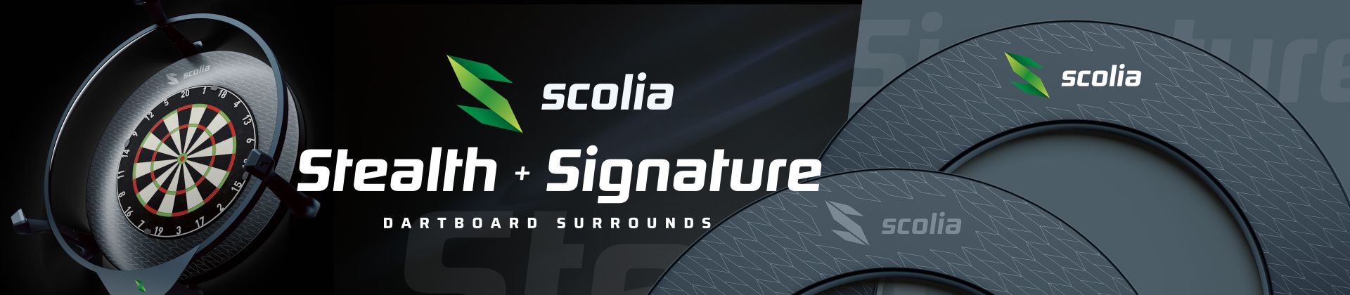 Dartboard with high-tech surround, branded "Scolia Stealth + Signature Dartboard Surrounds," featuring a modern, sleek design.