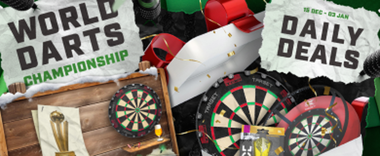 Banner reading "World Darts Championship" and "Daily Deals" with multiple dartboards, darts, trophy, gift boxes and a festive ribbon.