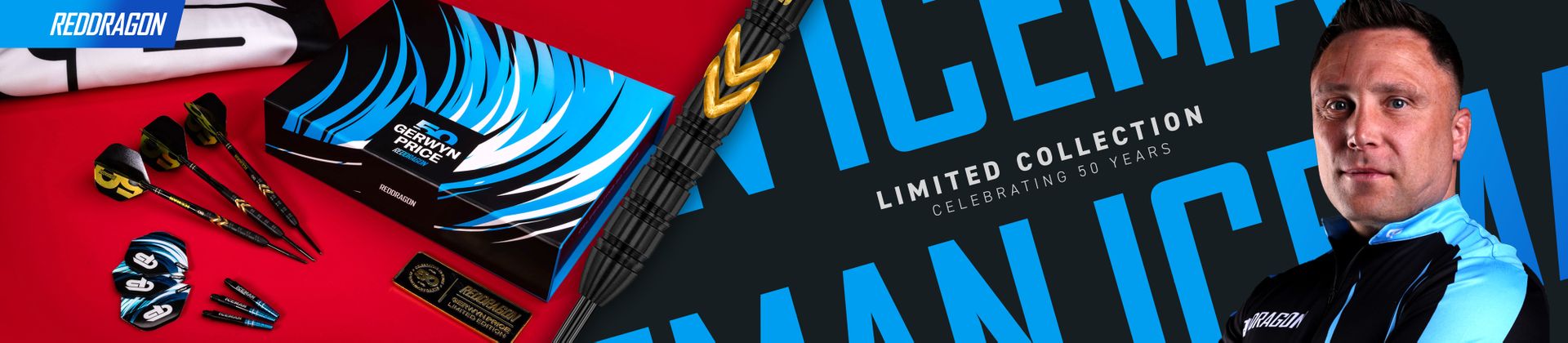 Limited-edition RedDragon darts set on red background with flights, shafts and blue-striped box; portrait of a man in black-and-blue jacket at right.