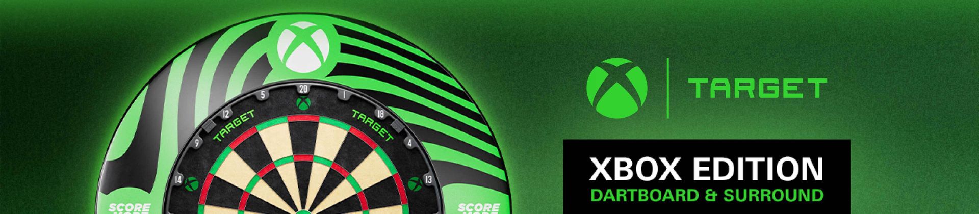A Target Tor dartboard with green and black Xbox branding, featuring the Xbox logo and text reading "Xbox Edition Dartboard & Surround."