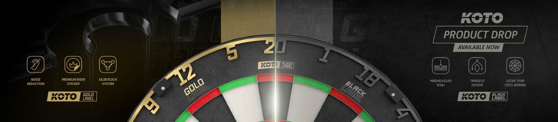 Two KOTO dartboards, called KOTO Black label & KOTO Gold label, with noise reduction and quick setup features, advertised with icons and text on a dark, textured background.