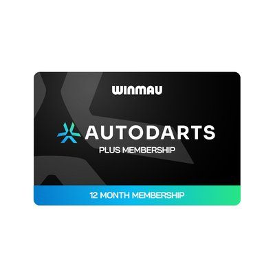 Black membership card with "Winmau" logo, "AutoDarts Plus Membership," and "12 Month Membership" text in white and blue.