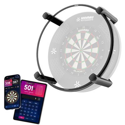 Electronic dartboard with side-panelings, displaying scores on two smartphones.
