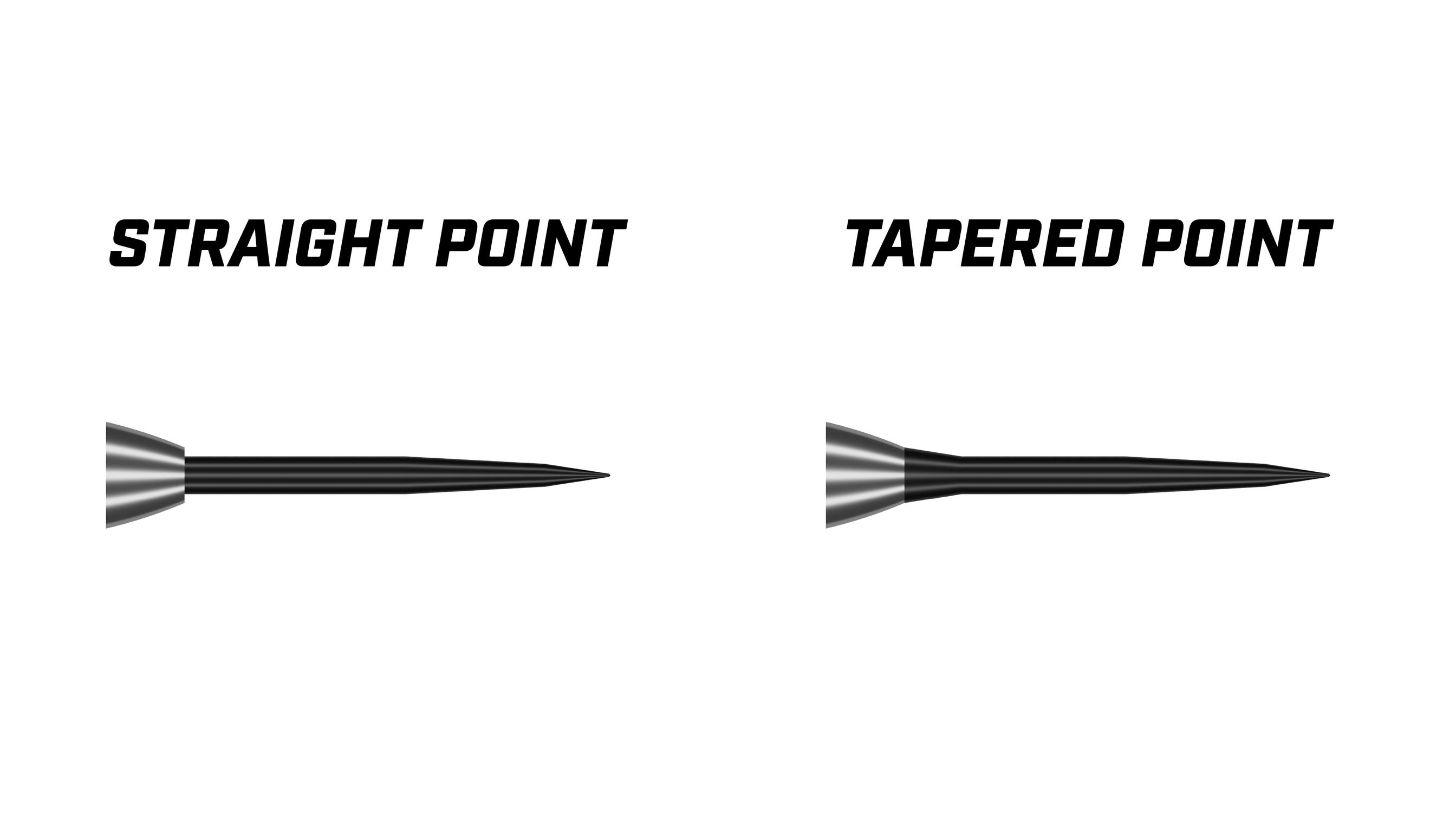 Illustration comparing a straight dart point needle on the left and a tapered dart point needle on the right, both with metal shafts, on a white background.