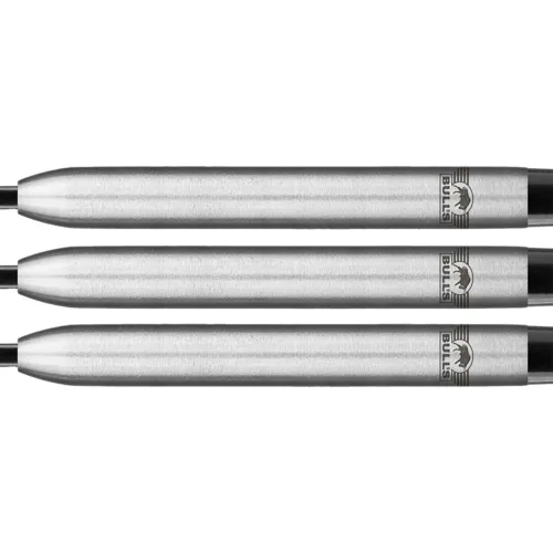 Three metallic darts with cylindrical barrels, featuring a logo and smooth texture, aligned horizontally against a white background.