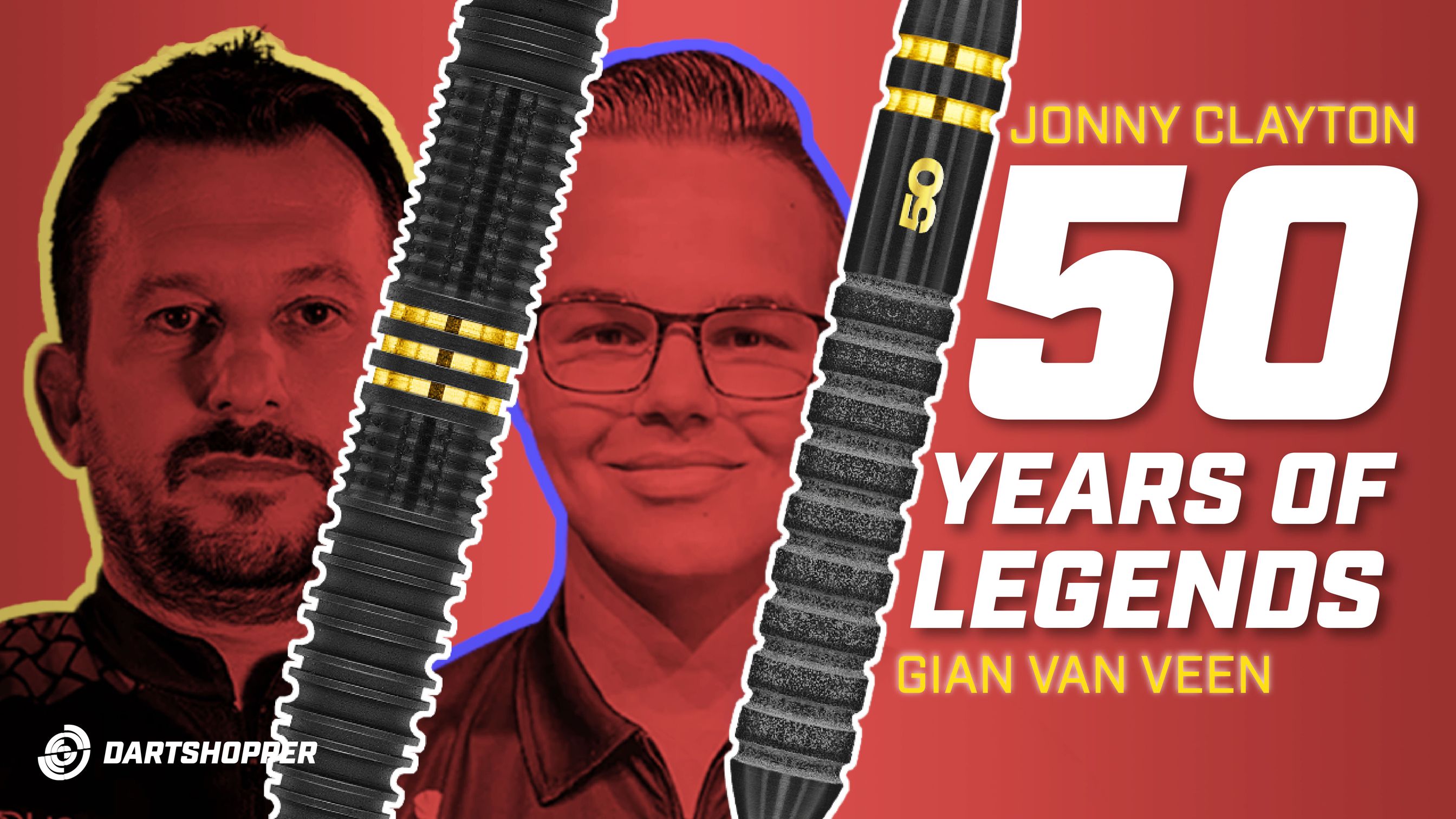 Red poster featuring Jonny Clayton, Gian van Veen and darts, with text: "50 Years of Legends, Jonny Clayton, Gian van Veen." Dartshopper logo at the bottom.