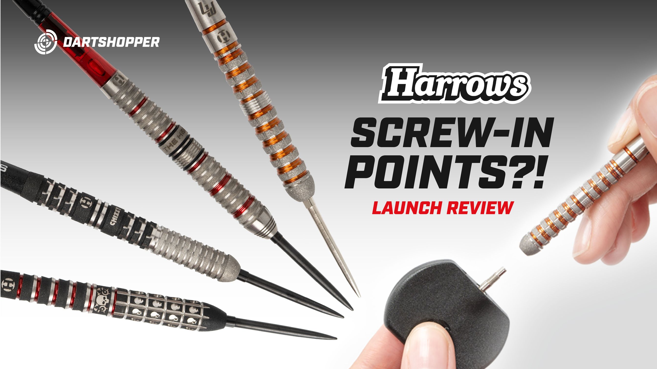 Dartshopper ad featuring Harrows screw-in dart points, with various dart designs and a hand holding a dart point and tool.