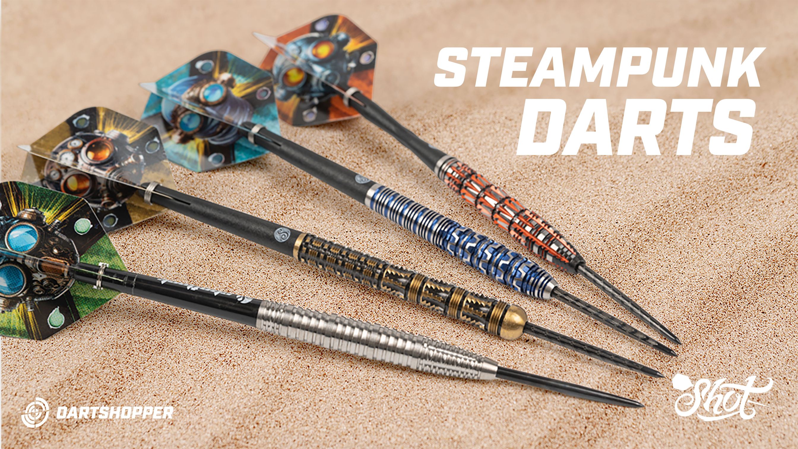 Four steampunk-themed Shot darts with intricate designs, featuring metallic barrels and colorful flights, displayed on a textured surface.