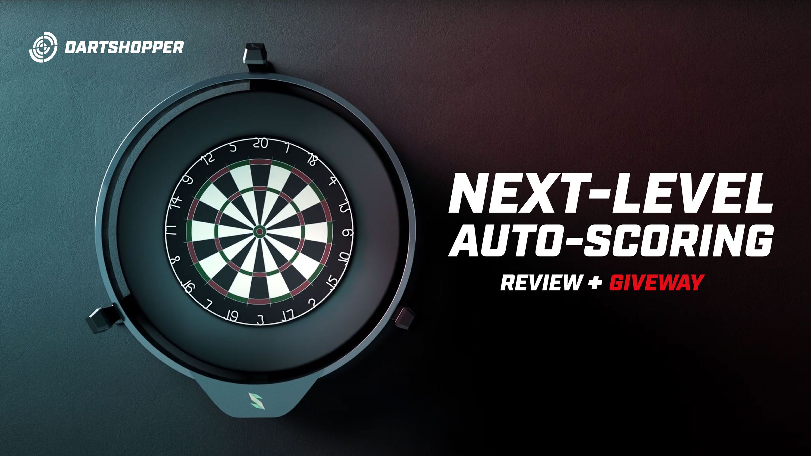 Scolia on dartboard on a dark background with text: "Next-Level Auto-Scoring, Review + Giveaway." Dartshopper logo in the corner.