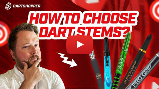 Man pondering next to various dart stems with the text "How to Choose Dart Stems?" and a play button overlay on a red background.