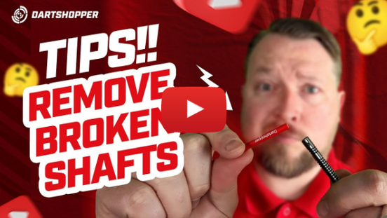 A person holds a broken dart shaft, with the text "Tips!! Remove Broken Shafts" and a Dartshopper logo on a red background.